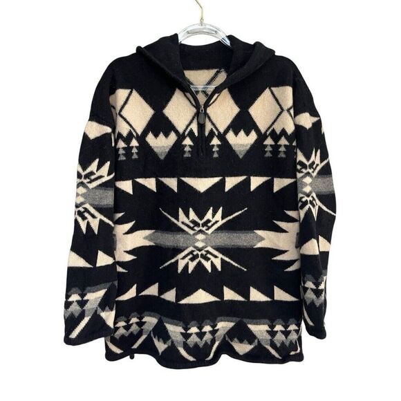 Vintage Ralph Lauren 100% Lambswool Black Cream Aztec  Sweater Hoodie Women’s L - Picture 1 of 9